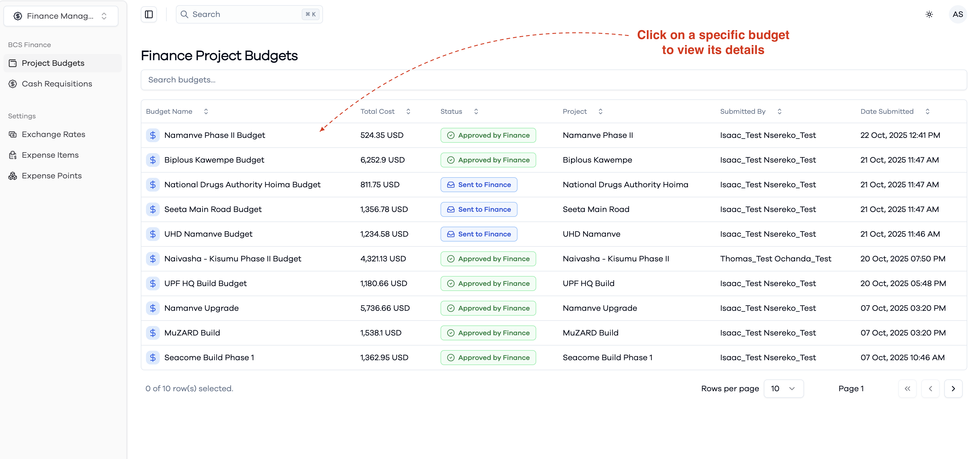 Finance Project Budgets List