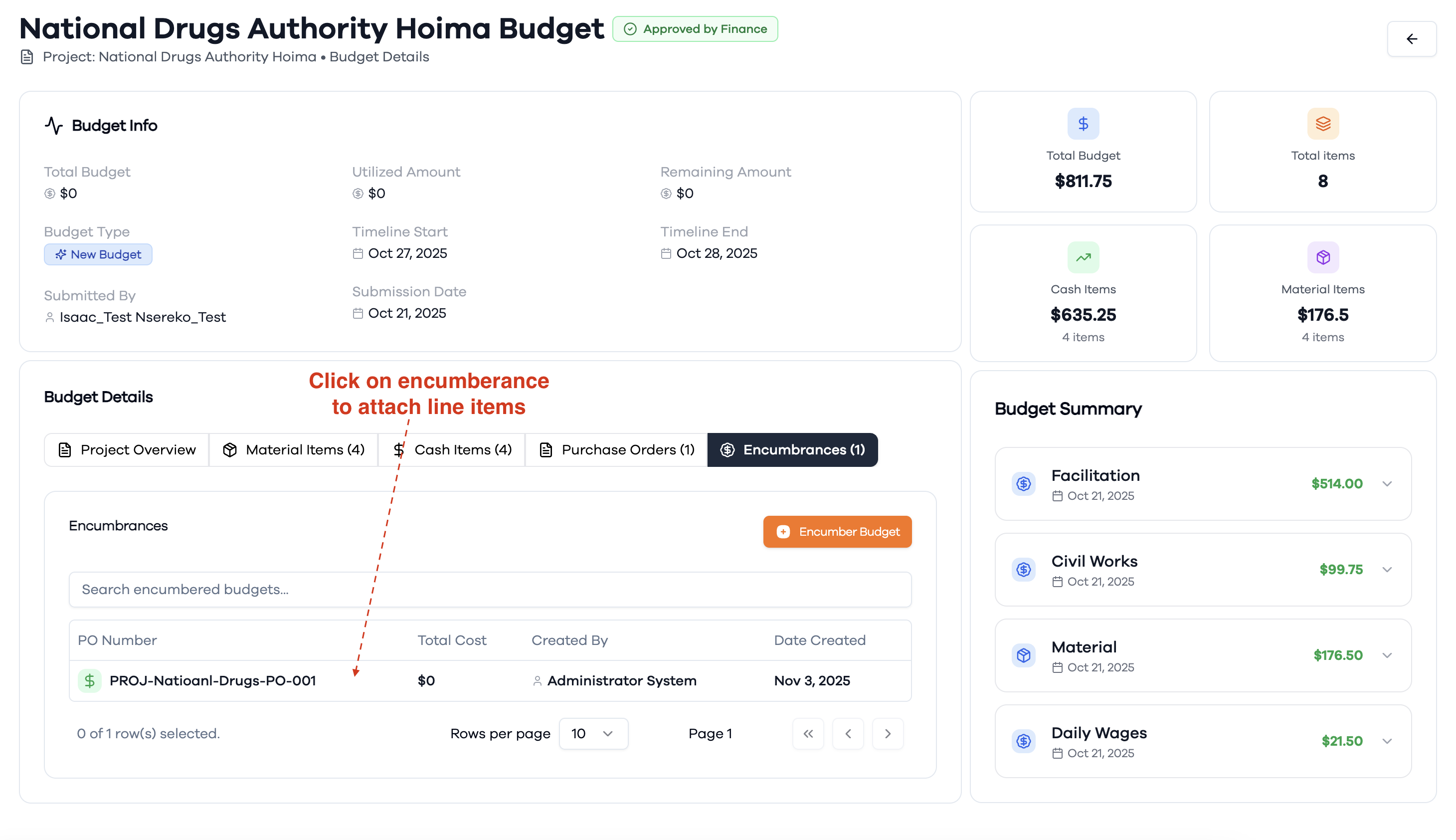 encumber budgets list 