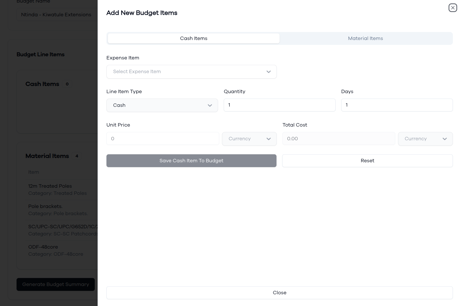Cash Items in Budget