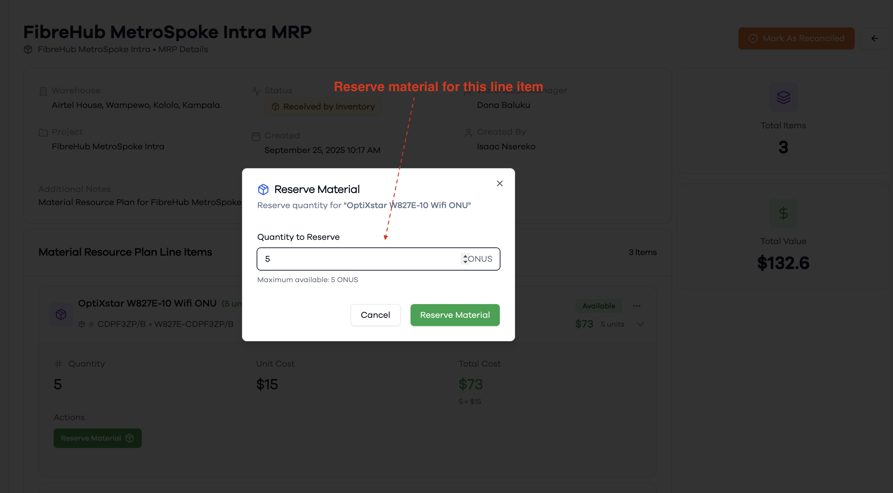Reserve Material Dialog